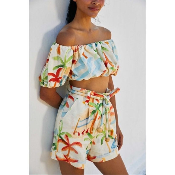 Farm Rio Shorts Copacabana Pattern High Waisted Linen M - Picture 1 of 6